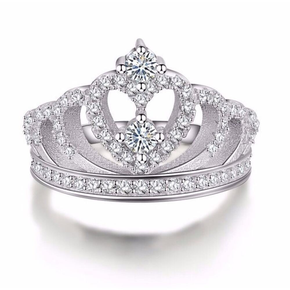 Queen Crown Ring Silver Crystal Rhinestones Copper Princess Ring Size 7 - Picture 3 of 4